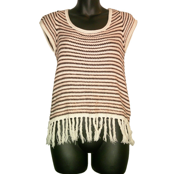 Soho Jeans NY & Co Pink, Black White Striped, Short Sleeve S Knit Sweater Fringe - Picture 1 of 6
